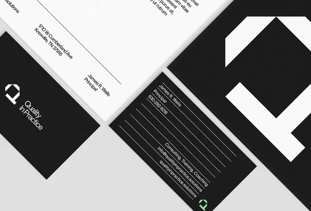Overlapping black and white business collateral, minimal, swiss, dark