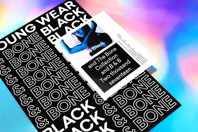 Young Bone black and white typography collage mockup, flat, maximalist, high-contrast