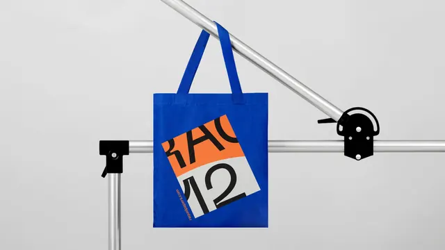 Blue tote bag with graphic print, minimal, geometric, vibrant