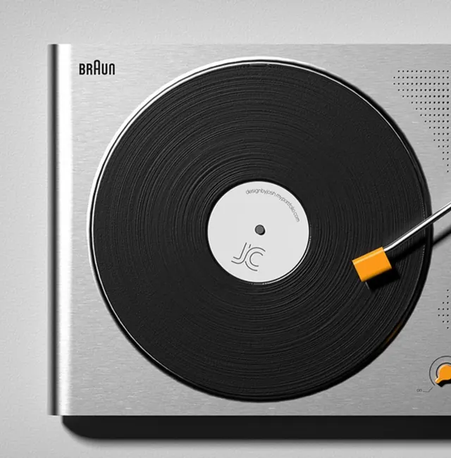 Braun record player with vinyl and orange stylus, photographic, minimal, monochrome