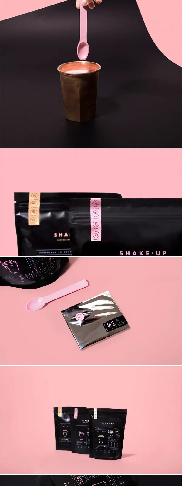Art direction, branding and packaging for Shake Up on Behance by Futura, Mexico City, MX curated by Packaging Diva PD. A vegan super food on powder sp... - a grouped images picture, minimal, editorial, dark