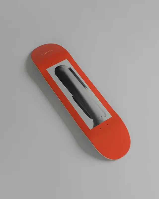 SOVRN skateboard deck product shot, minimal, photographic, vibrant