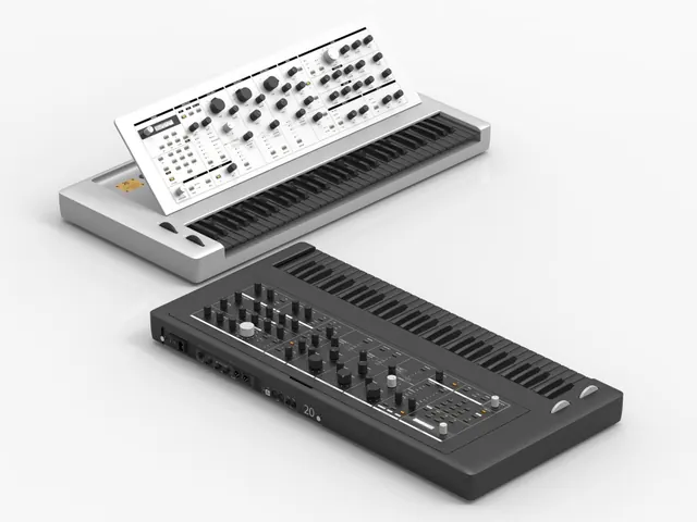 Design Box 20 synthesizer product render, minimal, technical, light