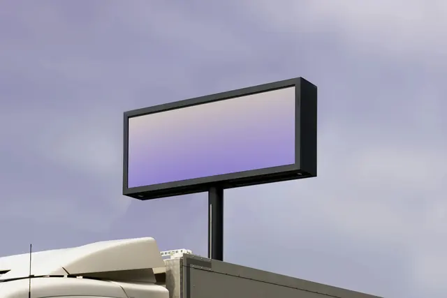 Outdoor billboard mockup with purple gradient, minimal, gradient-heavy, muted