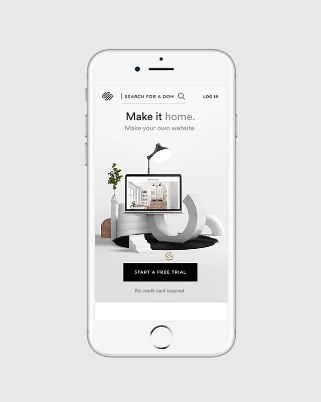 Squarespace iPhone landing page mockup, minimal, light-mode, light