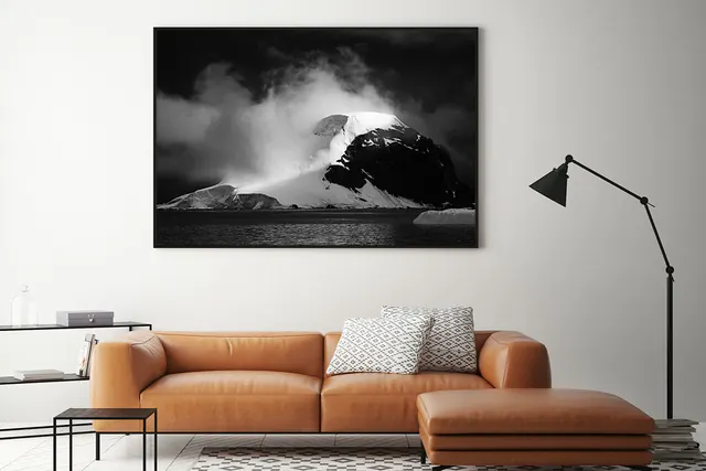 Living room mockup with mountain print, minimal, photographic, light