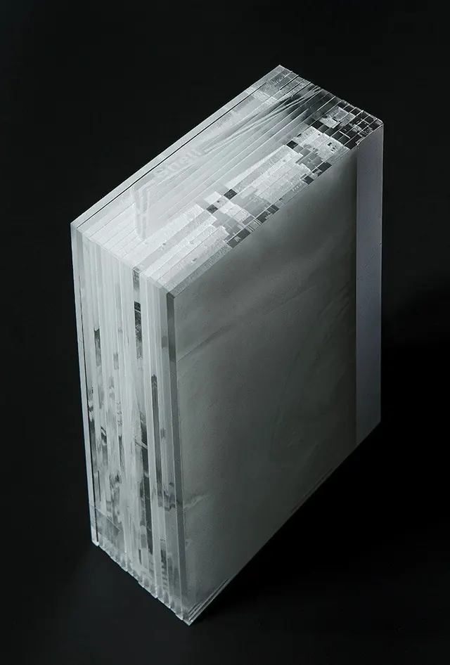 Layered acrylic Shell book sculpture, minimal, technical, monochrome