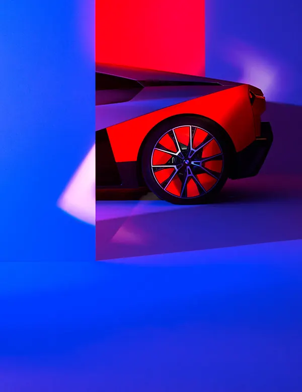 Concept car red-blue lighting, minimal, photographic, dark