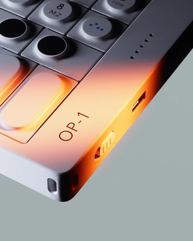 OP-1 synthesizer product close-up, minimal, technical, vibrant