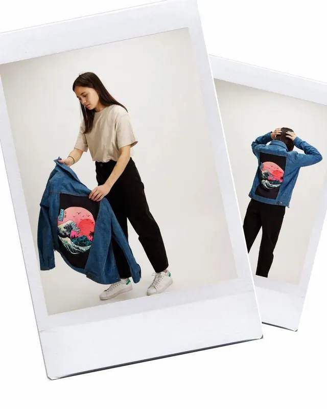 Jean Jacket with Retro Kanagawa Wave Back Art, photographic, editorial, light