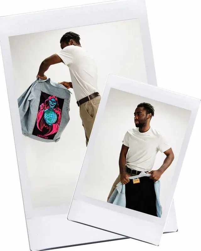 Light Blue Jean Jacket with Reaper Back Art, photographic, editorial, light