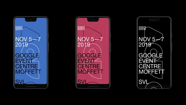 UXU event phone mockup triptych, minimal, swiss, dark