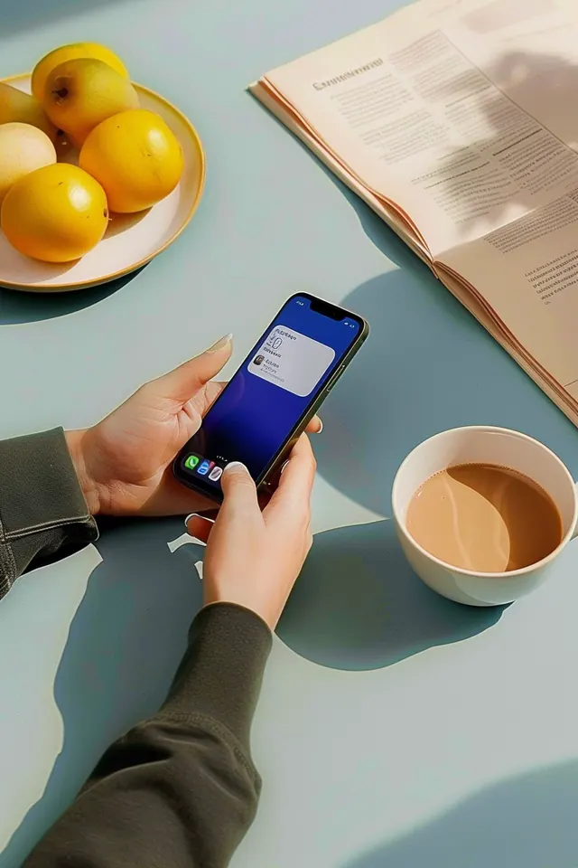 Close-up of iPhone with Coffee and Fruit on Light Yellow Table | TheCandie.com, photographic, minimal, light