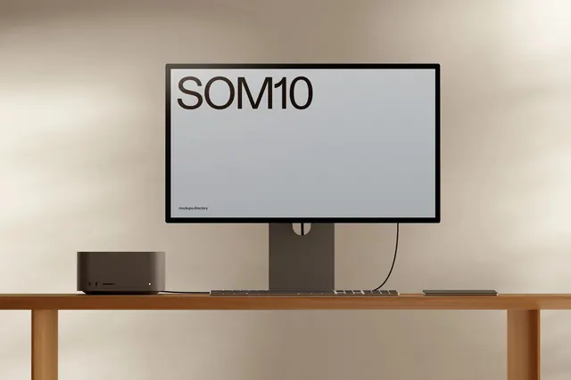 SOM10 desktop mockup scene, minimal, corporate-clean, light