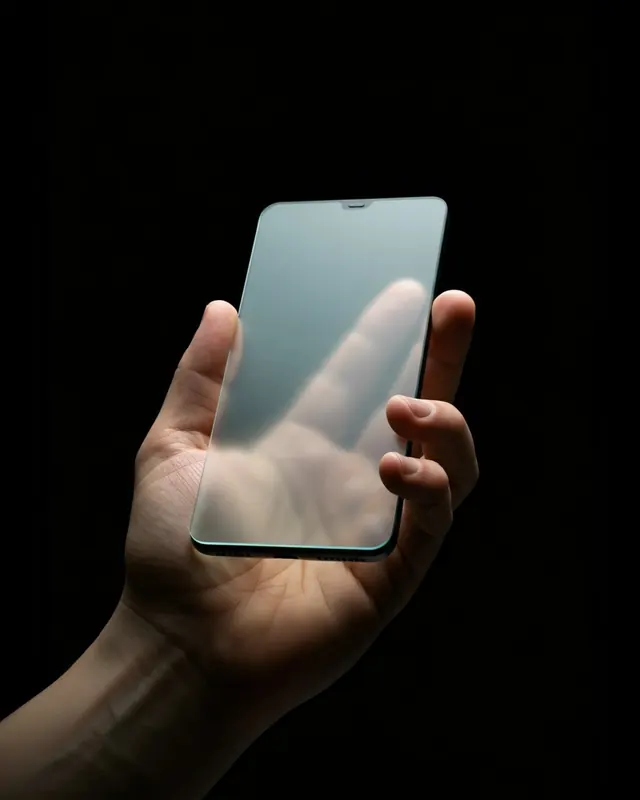 Frosted glass phone concept, minimal, photographic, monochrome