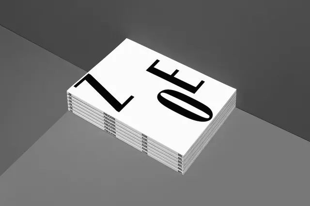 ZOE publication stack mockup, minimal, swiss, monochrome