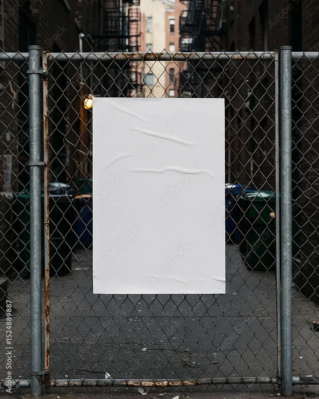 Street Advertising Mockup: Empty Poster on Industrial Chain Link Fence in City Alley, photographic, minimal, dark