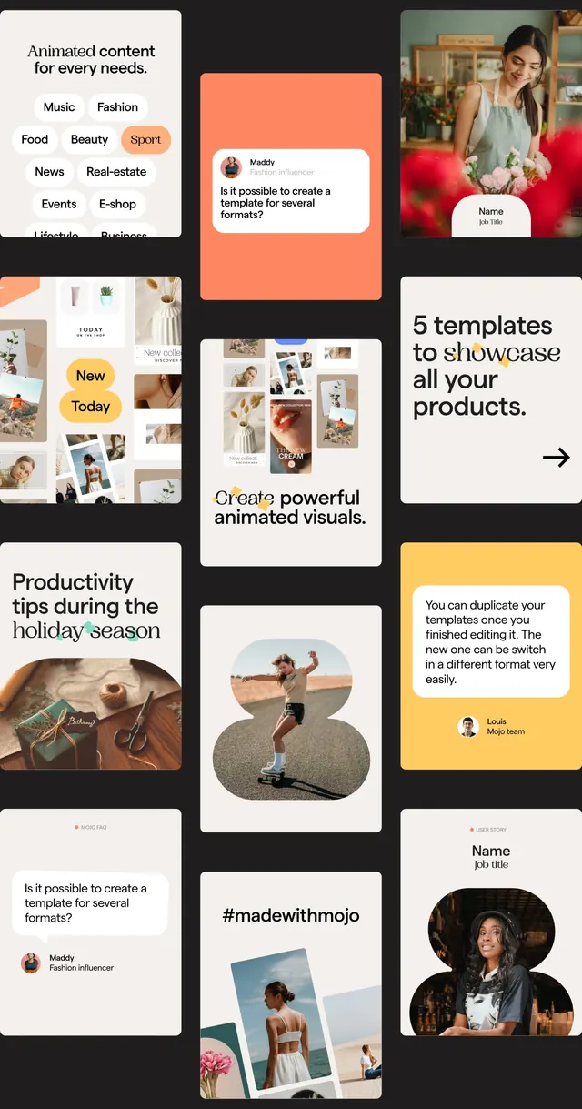 Social media template tool promo grid with phone-format cards, minimal, light-mode, light