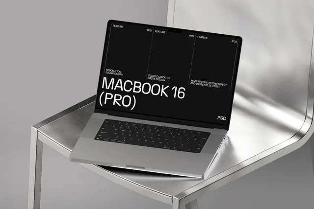 Macbook 16 Pro On A Steel Chair Isometric, minimal, editorial, dark
