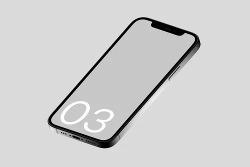 iPhone mockup with large 03 on screen, minimal, 3d-render, light