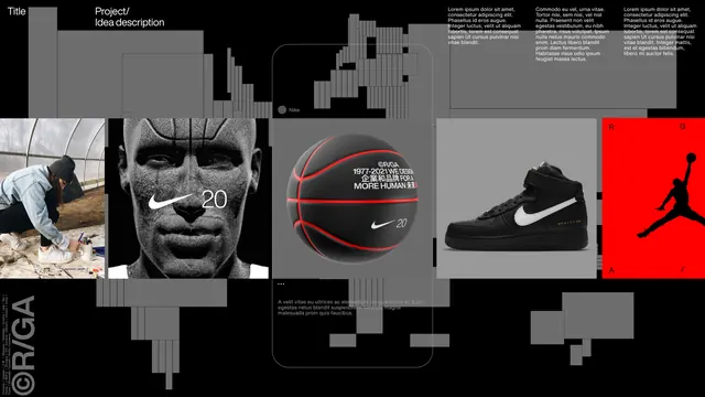 RGA Nike campaign portfolio piece, dark-mode, brutalist, dark