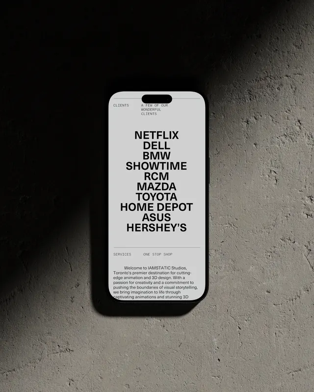iPhone mockup of agency client list, minimal, corporate-clean, light