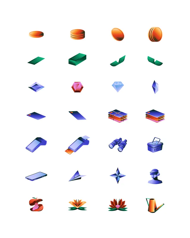 Poulp fintech app identity and design system (slide 7), gradient-heavy, 3d-render, vibrant