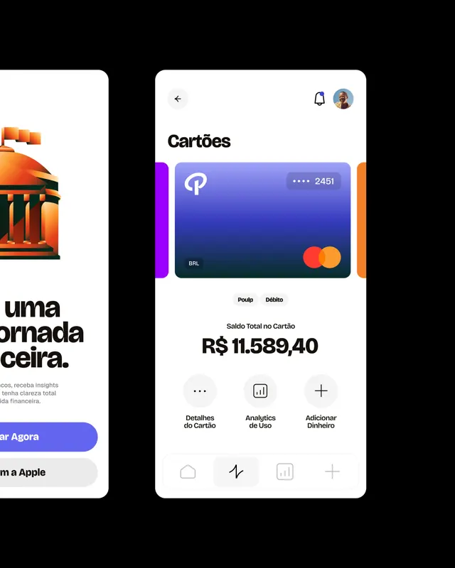 Poulp fintech app identity and design system (slide 10), gradient-heavy, 3d-render, vibrant
