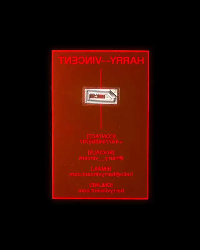NFC-embedded translucent red contact card system (slide 2)