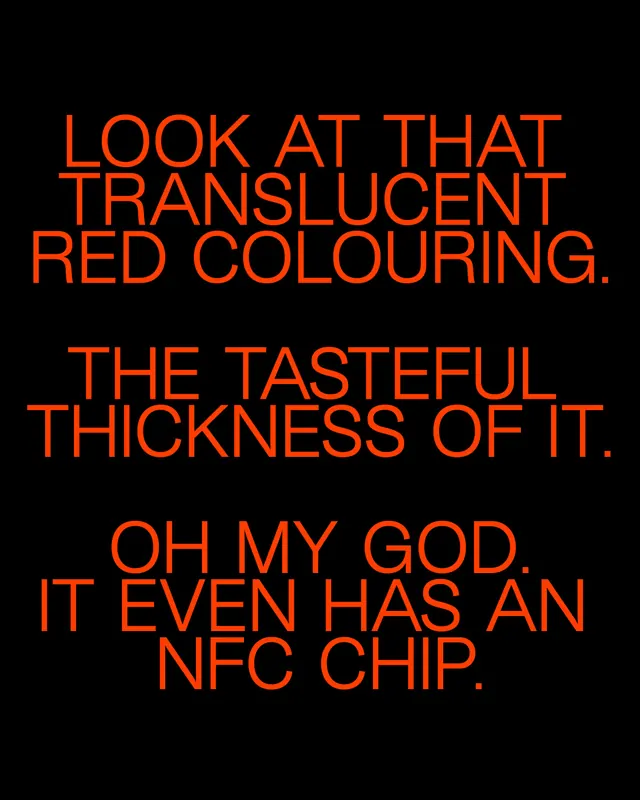 NFC-embedded translucent red contact card system (slide 11)