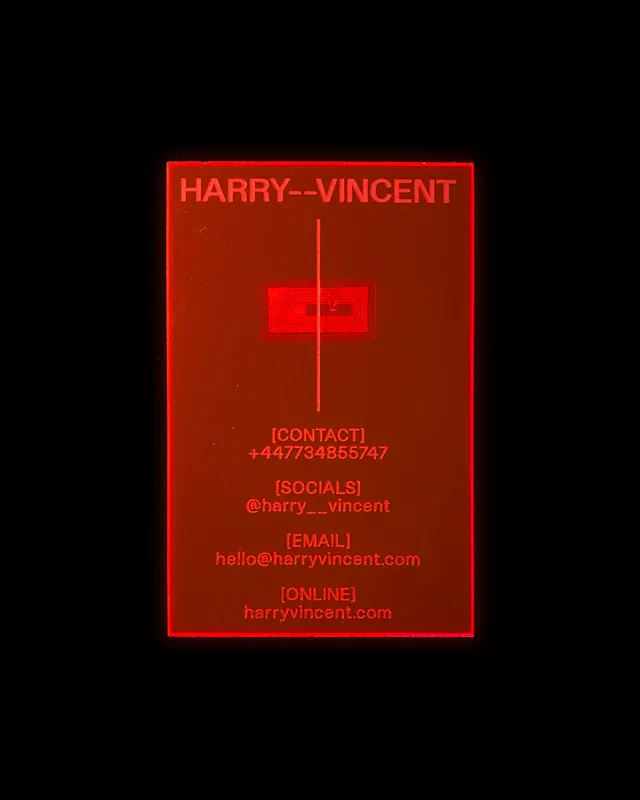NFC-embedded translucent red contact card system, minimal, technical, monochrome