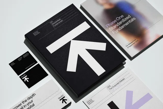 Brand identity system mockup with arrow mark, swiss, minimal, monochrome