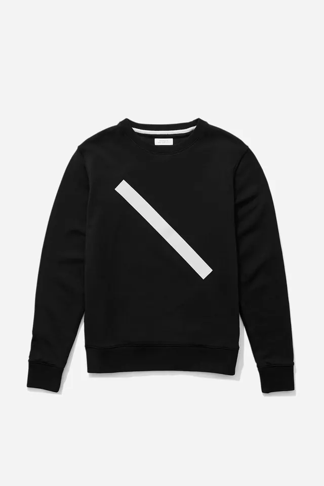 Black sweatshirt with white slash graphic, minimal, geometric, dark