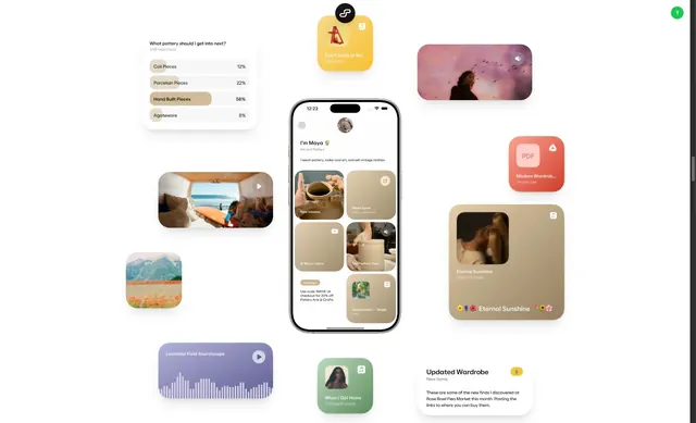 Maya link-in-bio mobile UI mockup, minimal, playful, light