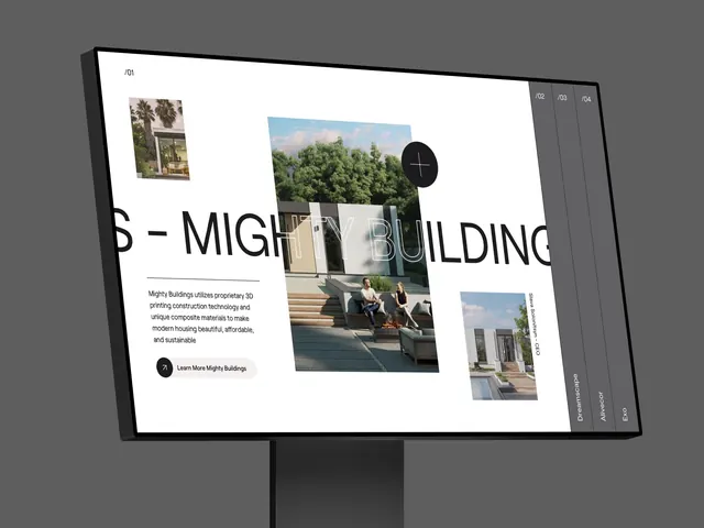 Mighty Buildings Website on Monitor Mockup, minimal, corporate-clean, light