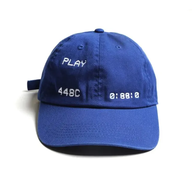 VCR-style embroidered dad cap, retro, minimal, vibrant