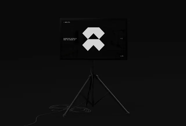 Amplitel branding presentation with geometric logo, technical, minimal, dark