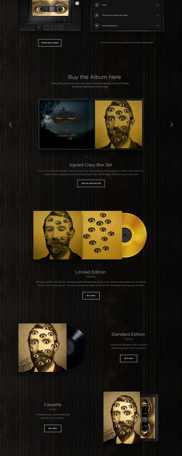 Dark album release landing page mockup, dark-mode, minimal, dark