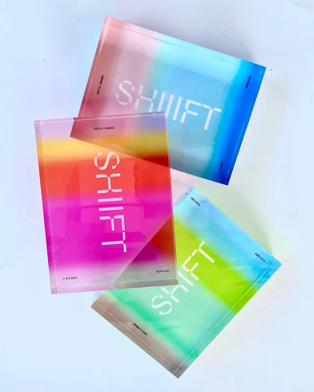 SHIFT conference gradient packaging mockups, gradient-heavy, playful, vibrant