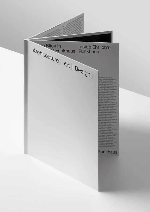 Funkhaus exhibition catalog with angled cover, swiss, minimal, light