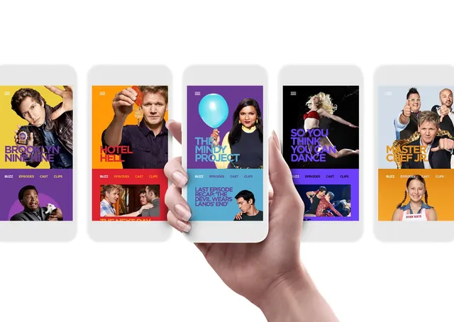 TV show app card mockup carousel, gradient-heavy, playful, vibrant