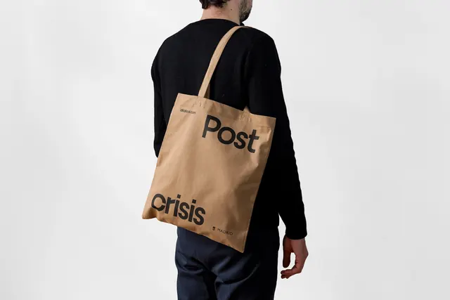 Canvas tote bag with stacked typography, minimal, swiss, light