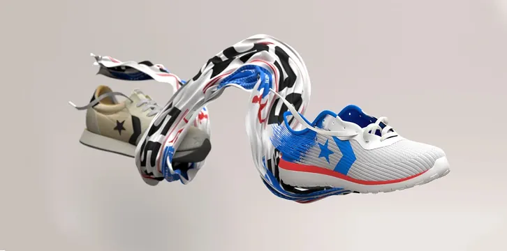 Deconstructed sneaker mockup with overlays, technical, minimal, light