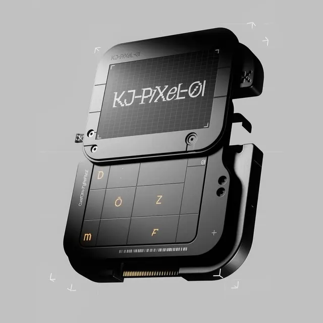 KJ-PIXEL-01 handheld device mockup, technical, minimal, dark