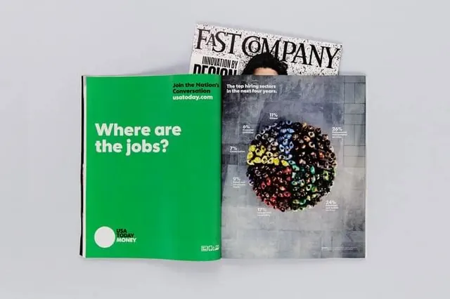 Magazine mockup with data visualization spread, editorial, data-dense, vibrant
