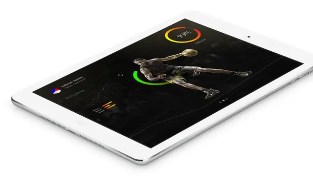 Sports analytics dashboard on tablet, dark-mode, technical, dark