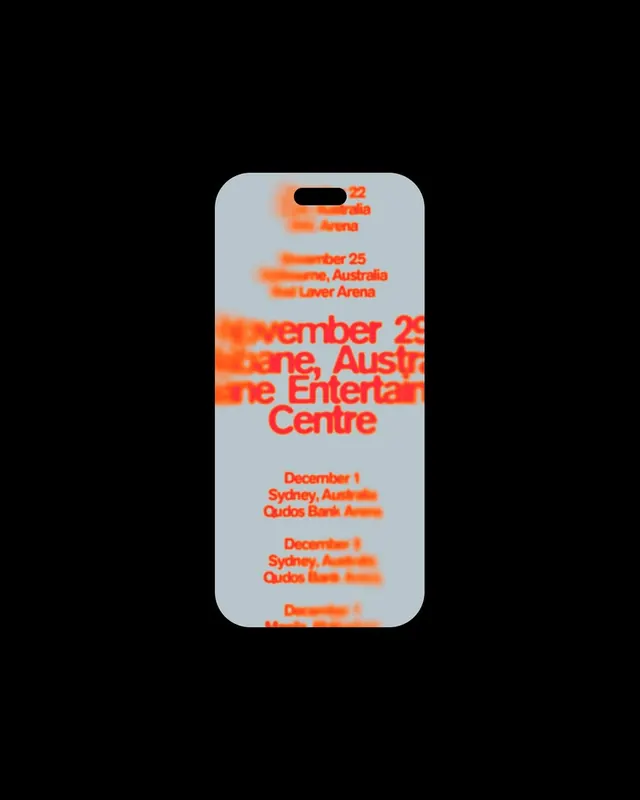 Event tour dates on soft phone mockup, minimal, corporate-clean, light