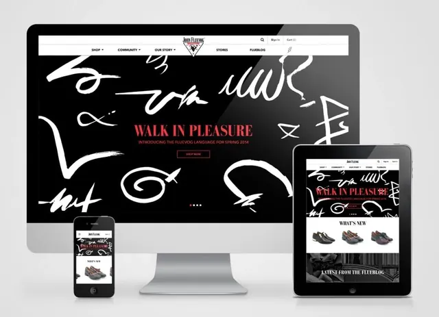 John Fluevog responsive website redesign mockup, playful, editorial, dark