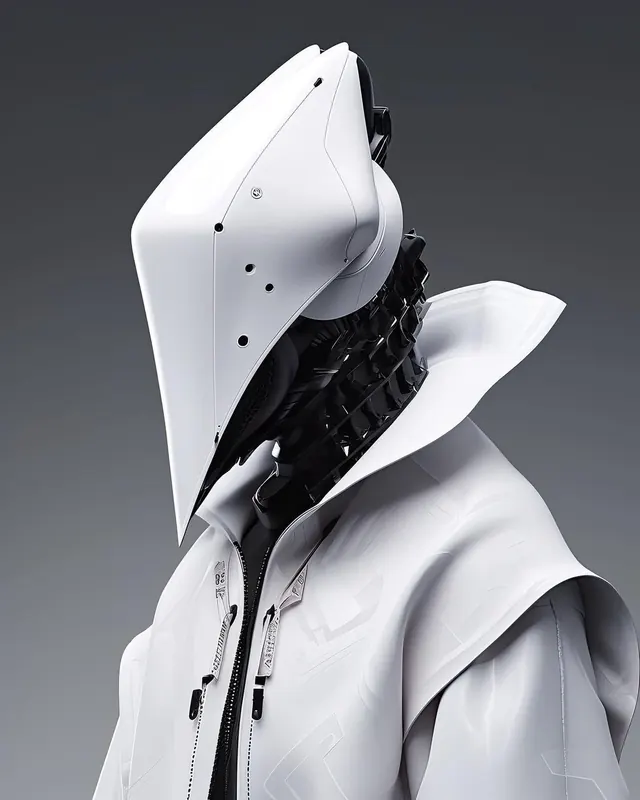 Technical apparel product mockup futuristic astronaut styling, photographic, technical, monochrome