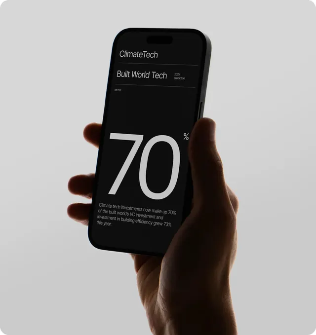 Phone mockup with large percentage statistic, technical, minimal, dark
